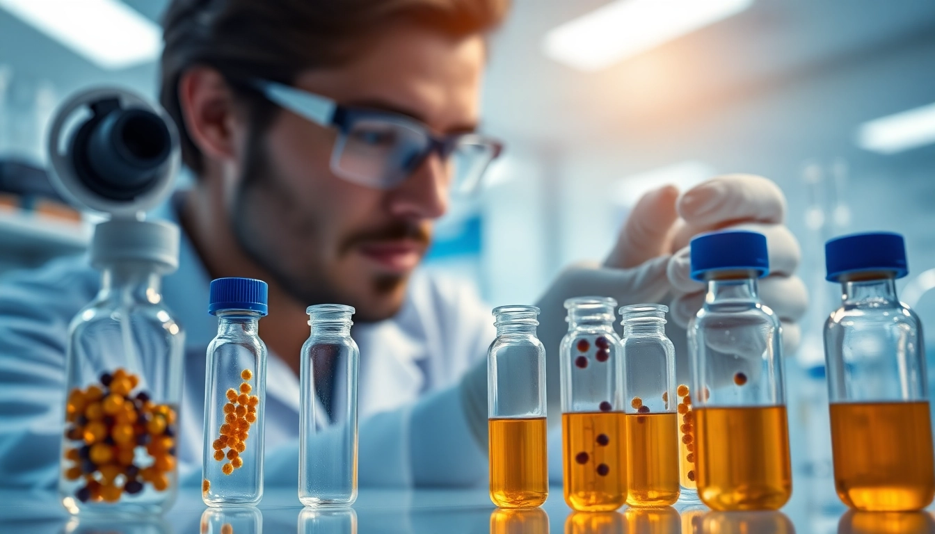 Buy glow peptide online with attention to research and lab-focused elements in the background.