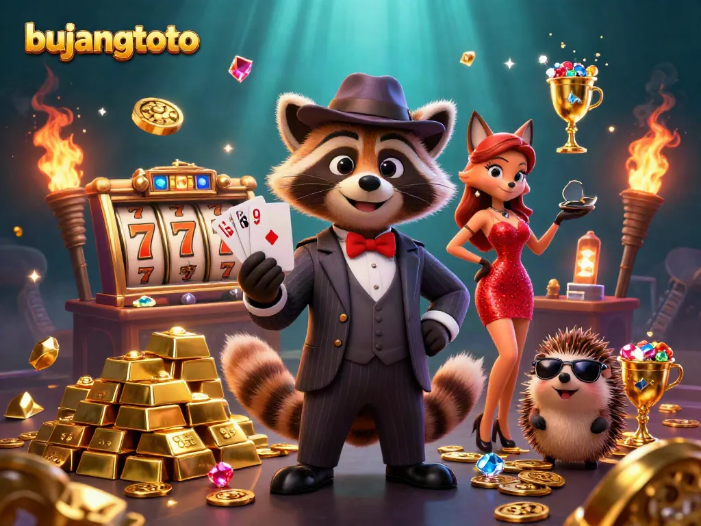 Join the action at Bujangtoto with a glamorous raccoon, fox, and a hedgehog bouncer in a vibrant casino scene.