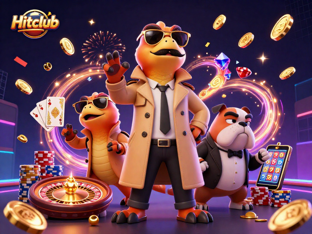 Hitclub showcases three raptors in a trench coat at a VIP casino lounge, spinning roulette and celebrating.