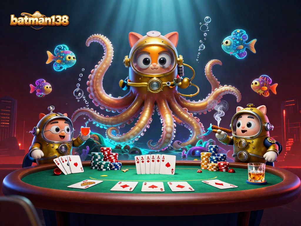 Engage with batman138, featuring a colossal kraken and a diving cat amid vibrant casino elements.