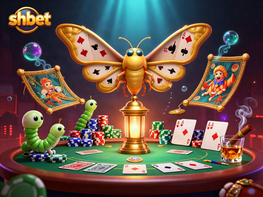 Experience exciting poker action with shbet's vibrant 3D casino illustration, featuring golden moths and dynamic game elements.