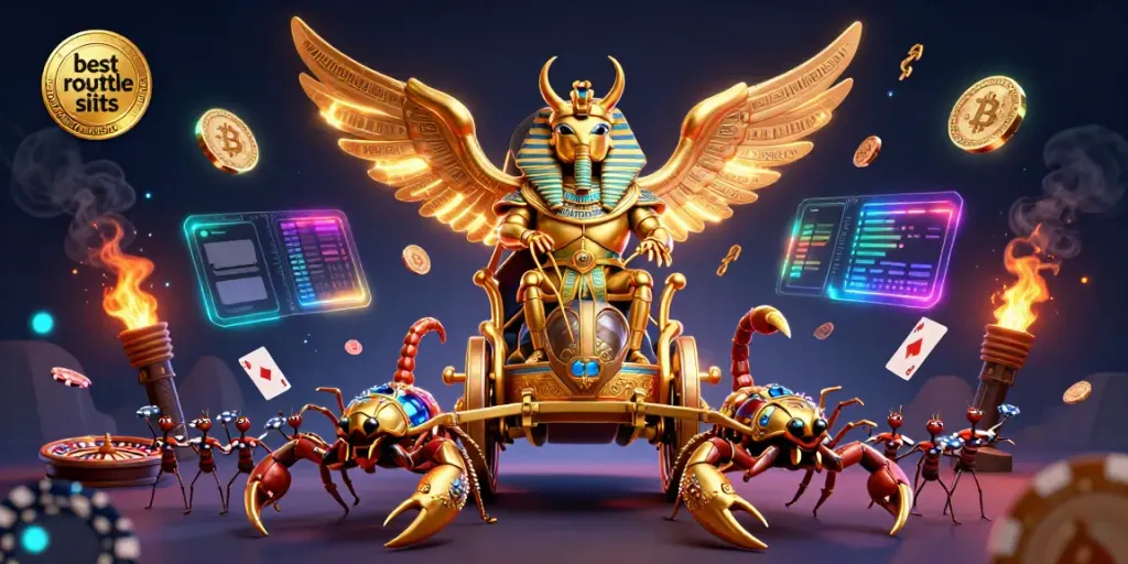 Engage with the best roulette sites Australia through this 3D illustration of a golden beetle chariot amid roulette elements.