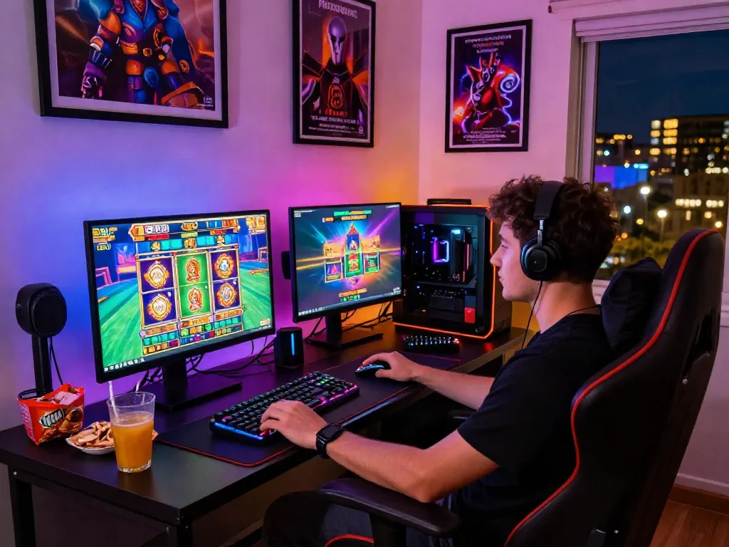 Explore slot maxwin at home in a vibrant online gaming setup featuring colorful game visuals and cozy atmosphere.