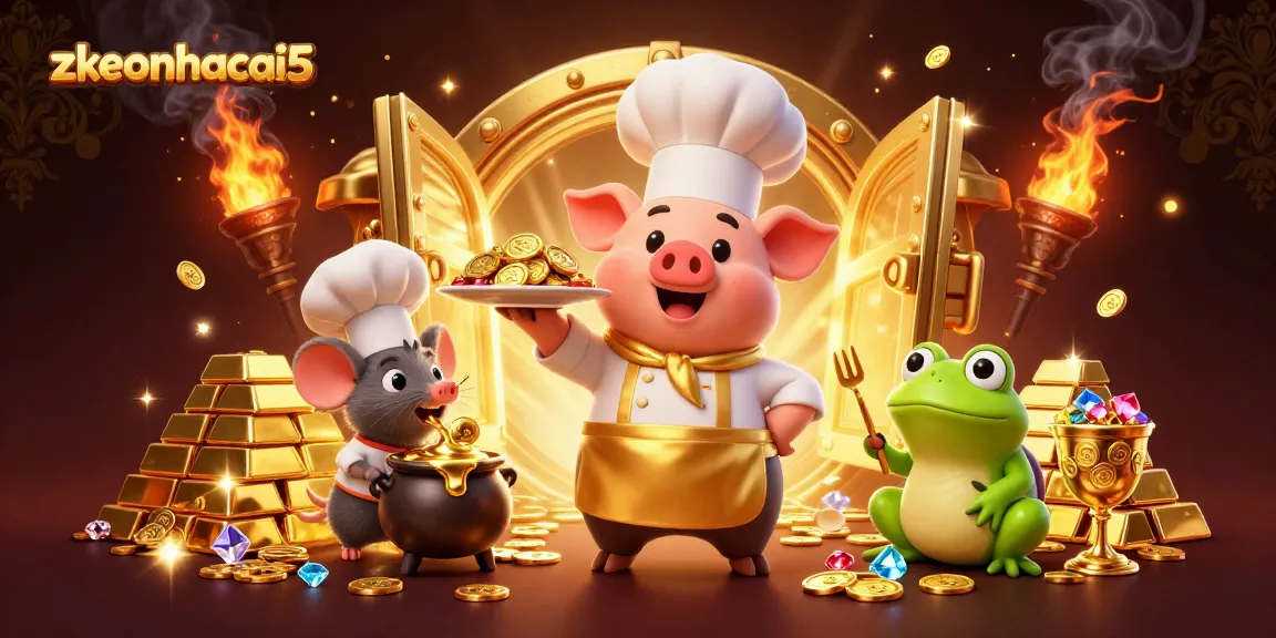 Engage with zkeonhacai5 through a vibrant casino scene featuring a pig chef, mouse, and frog.