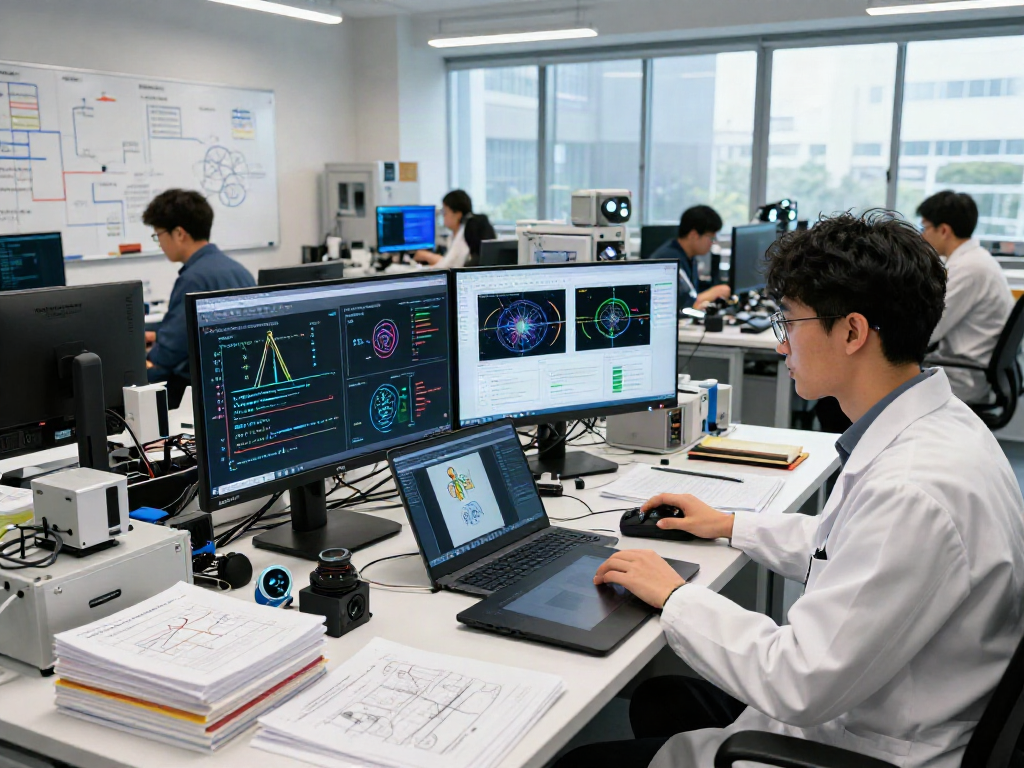AI Image Detection tech lab with scientists analyzing algorithms and images.