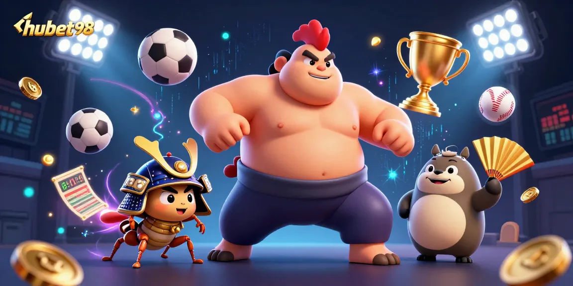 Experience thrilling action at hubet98 with a powerful sumo rooster and a fierce cricket in a vibrant casino scene.