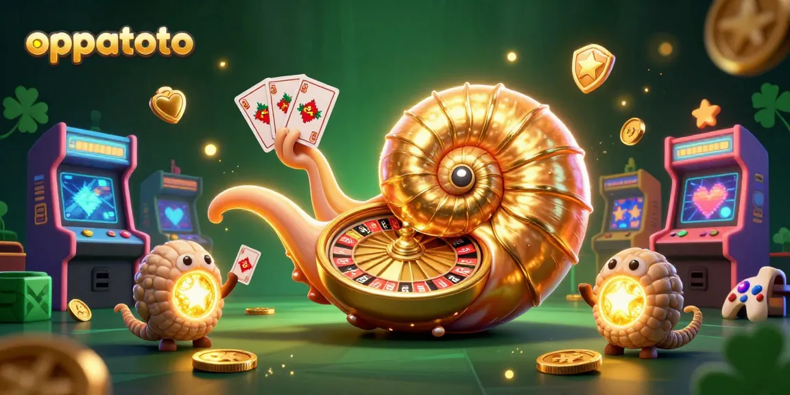 Play games and win prizes at oppatoto with a giant nautilus roulette wheel surrounded by colorful gaming elements