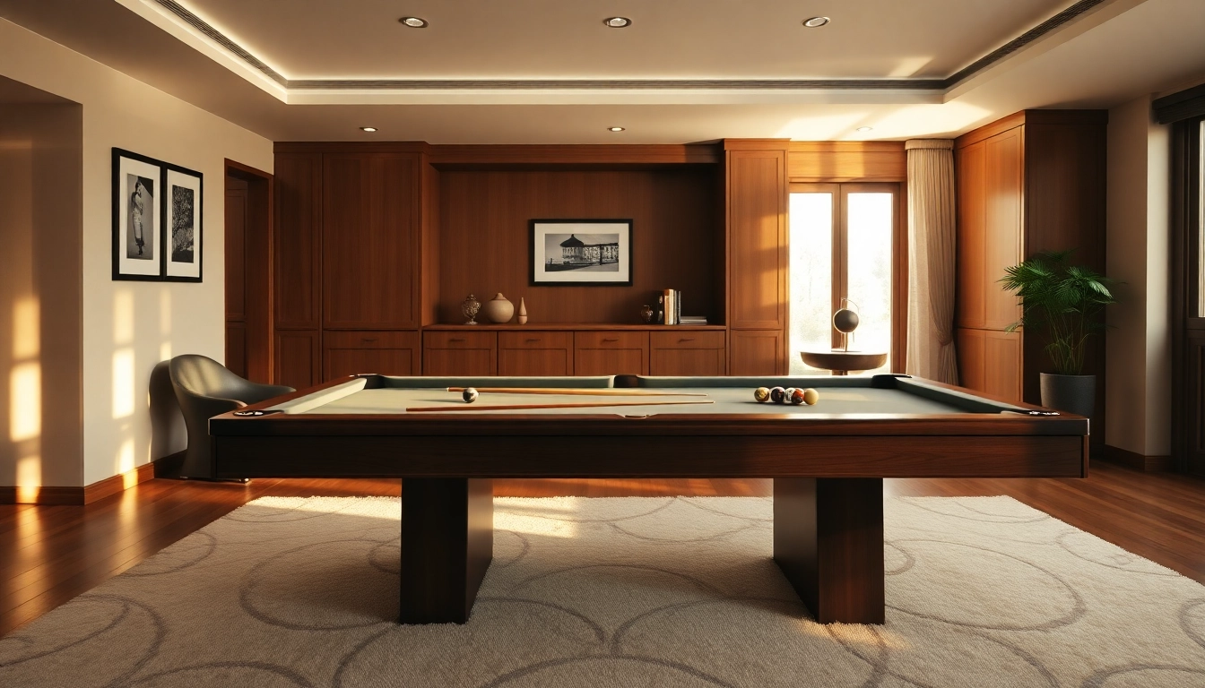 Buy Pool Tables displayed in a luxurious game room with stylish decor and warm lighting.