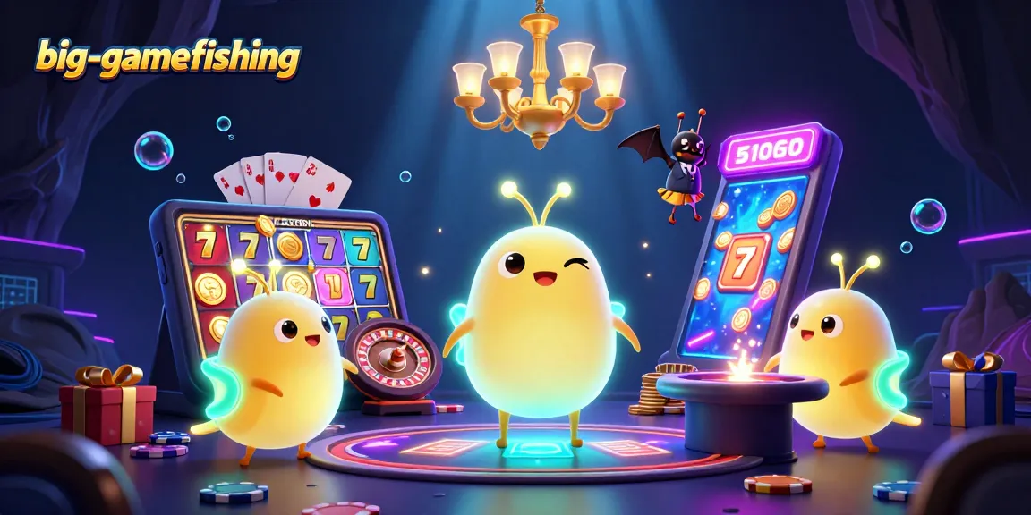 Engage with big-gamefishing's vibrant 3D casino scene featuring glowing worms and playful game elements.