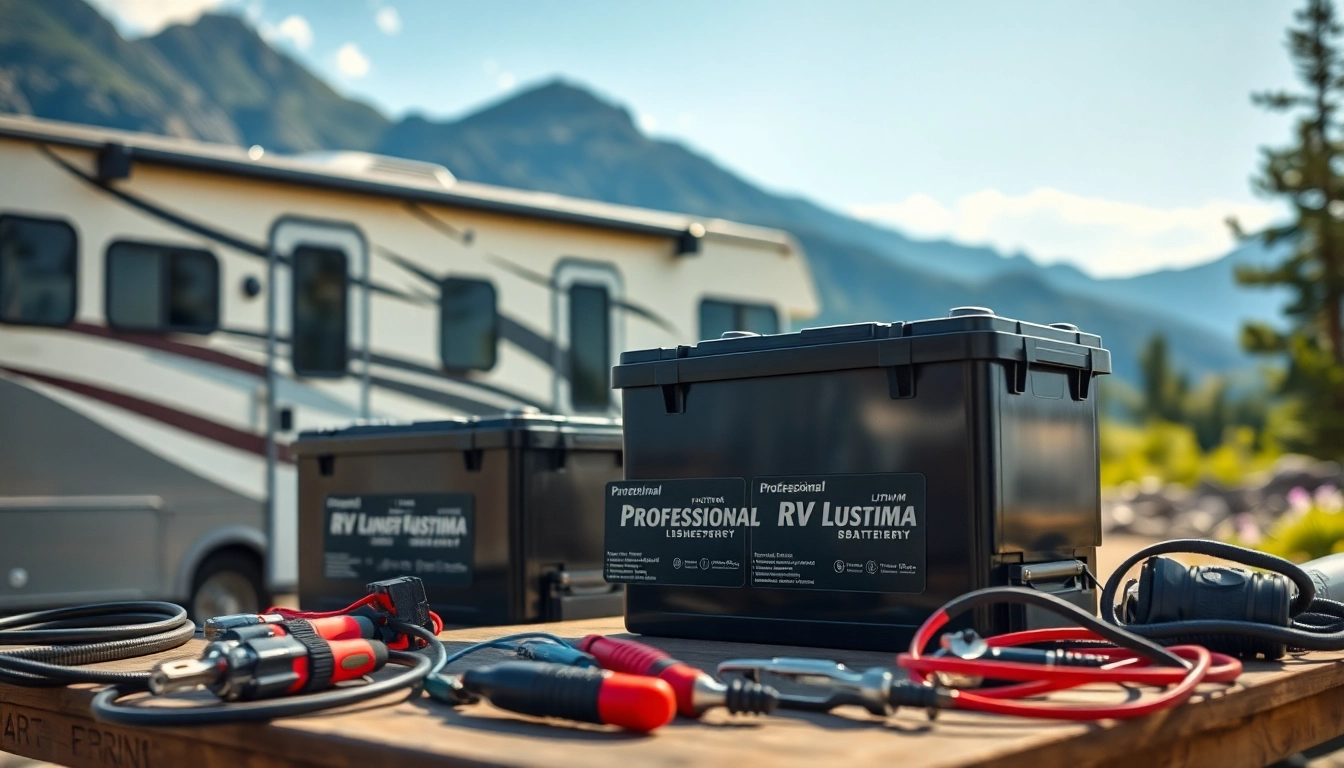 Showcase lithium RV batteries in an outdoor setting, emphasizing power and reliability.