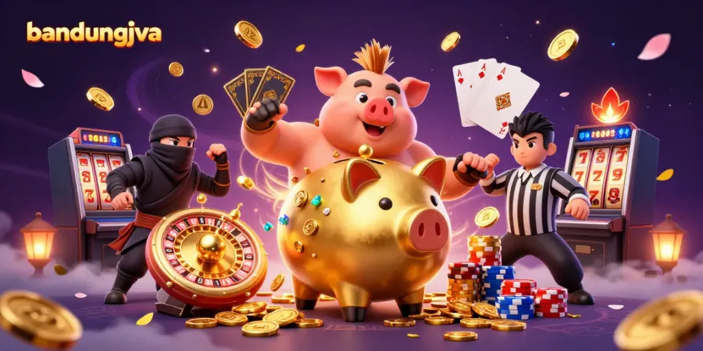 Experience thrilling gameplay at bandungjava with a dynamic 3D casino scene featuring vibrant characters and game elements.