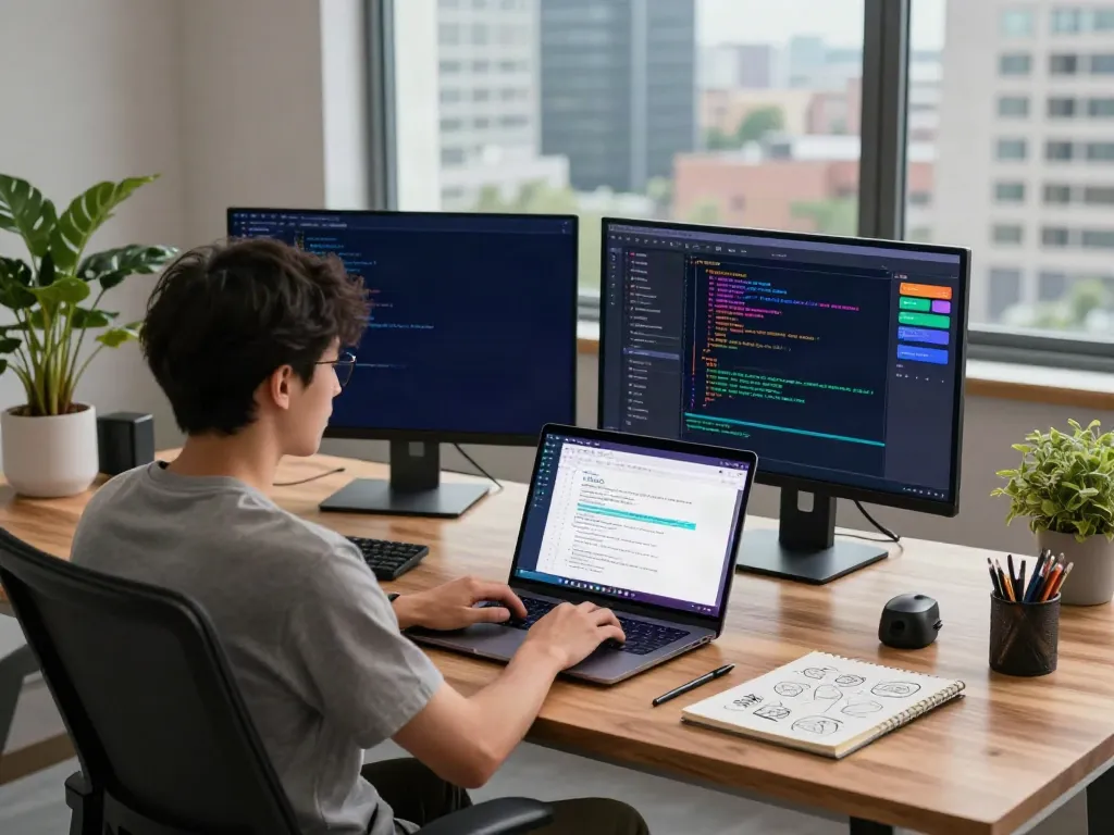 Developer using v2rayN in a modern tech workspace with coding tools and city view.