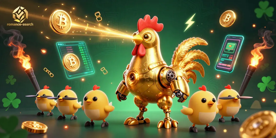 Engage with romance-search at online slots featuring a golden rooster robot shooting lasers and crypto elements.