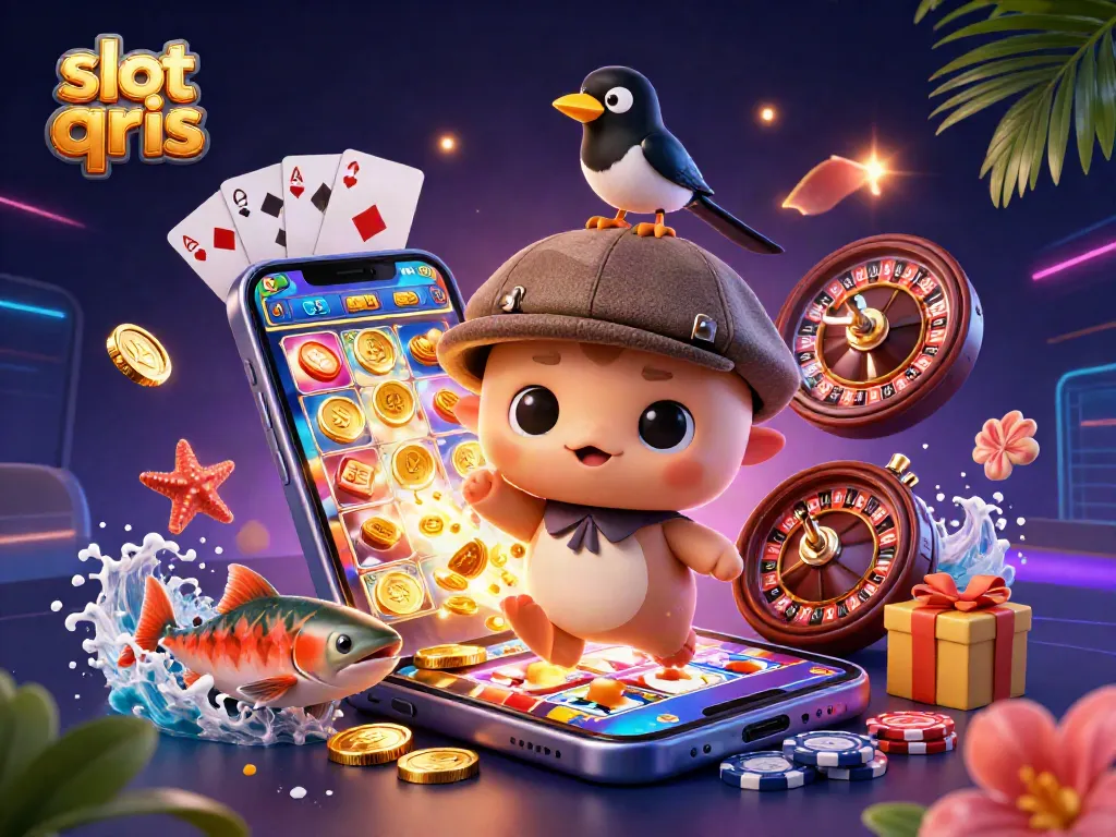 Engage in slot qris gaming with a vibrant 3D scene featuring adorable characters, gaming elements, and rich casino visuals.