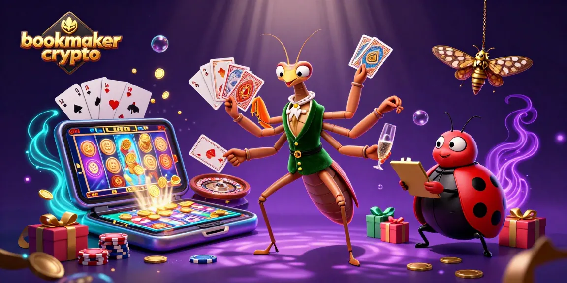 Pariez avec un bookmaker crypto dans une illustration dynamique et colorée, mêlant jeux de casino et cryptomonnaies.