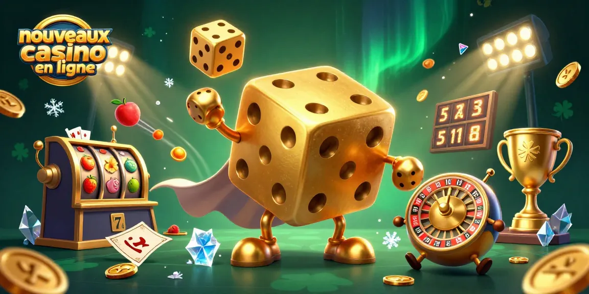 Illustration dynamique de nouveaux casinos en ligne avec un golem de dés en or, des symboles de machine à sous et des éléments de jeu.