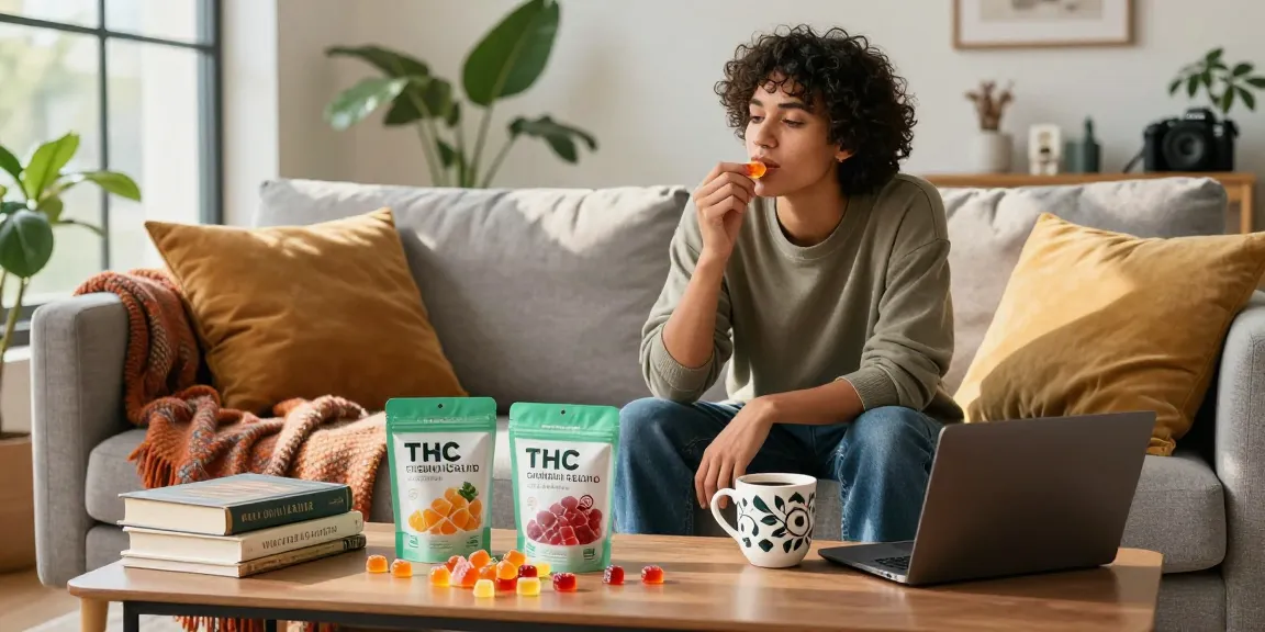 Enjoying thc gummies for sale in a cozy urban living room, vibrant and inviting setting.