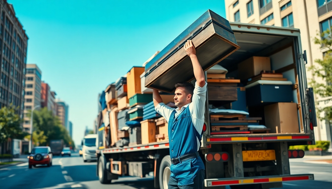 Efficient hauling service in action, with a crew member lifting furniture amidst a busy urban setting.