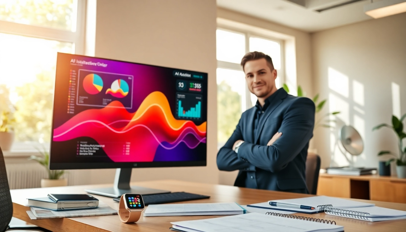 Engaging with an executive assistant alternative AI in a modern office setting, showcasing productivity and technology.