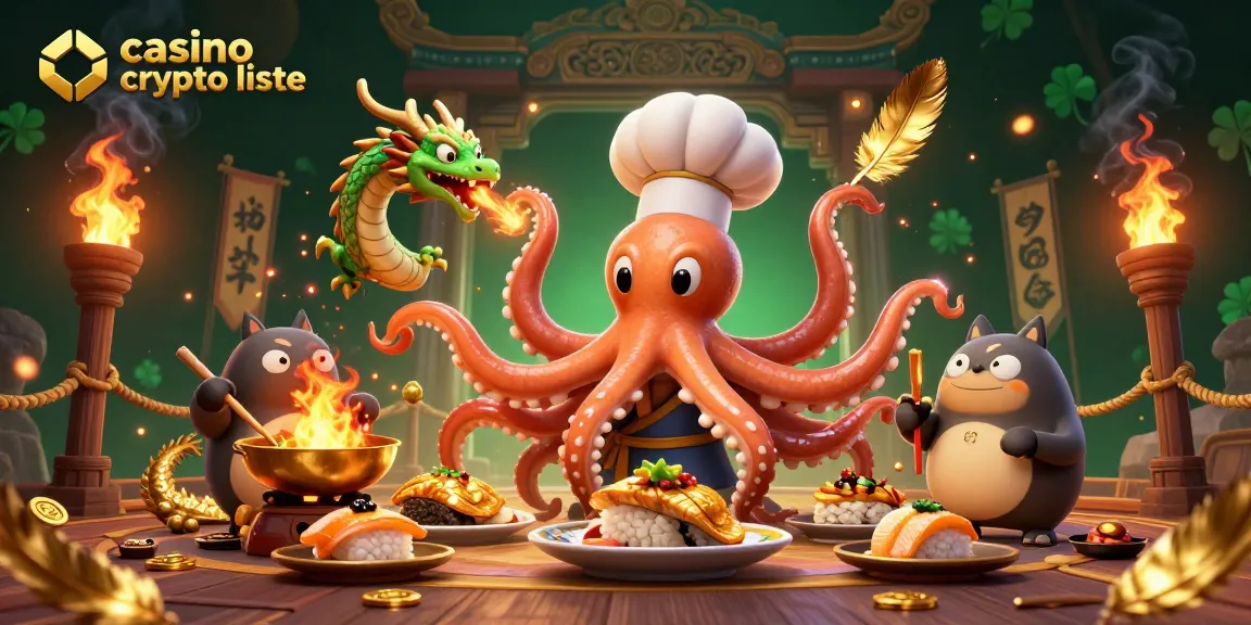 Jouer sur la casino crypto liste avec une authentique scène de chef sushi, dragon et client.