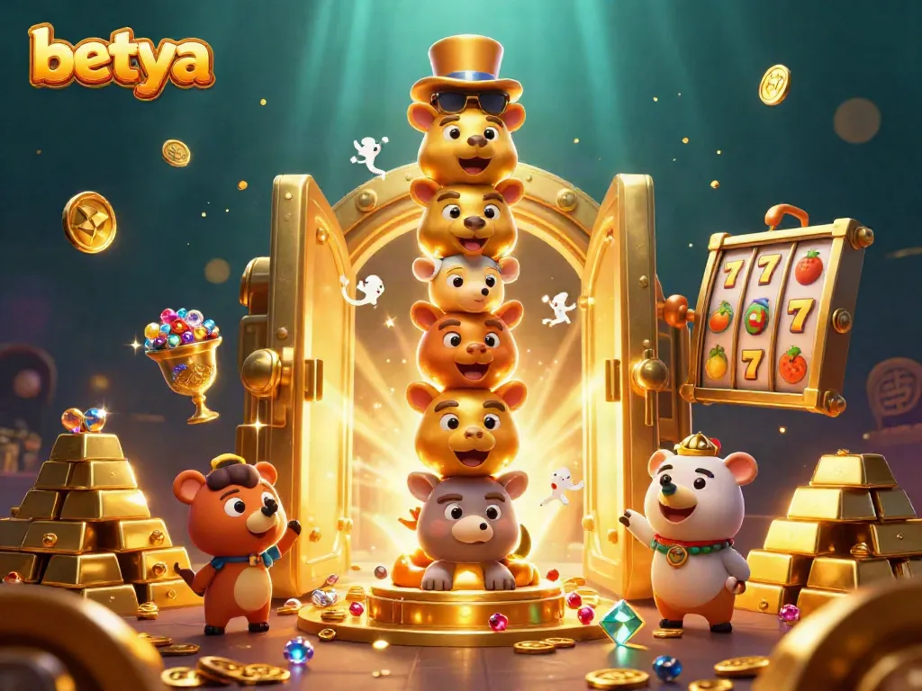 Spin the reels at Betya with a vibrant 3D illustration featuring casino treasures and animated luck!