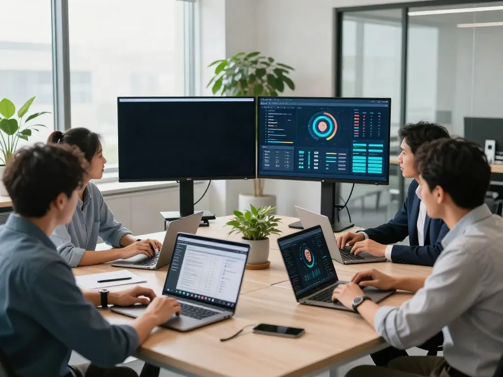 Deepfake protected Conferencing setup during a virtual meeting with diverse professionals.