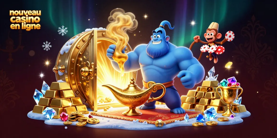 Découvrez le nouveau casino en ligne avec un génie et des trésors dans une scène dynamique et colorée.