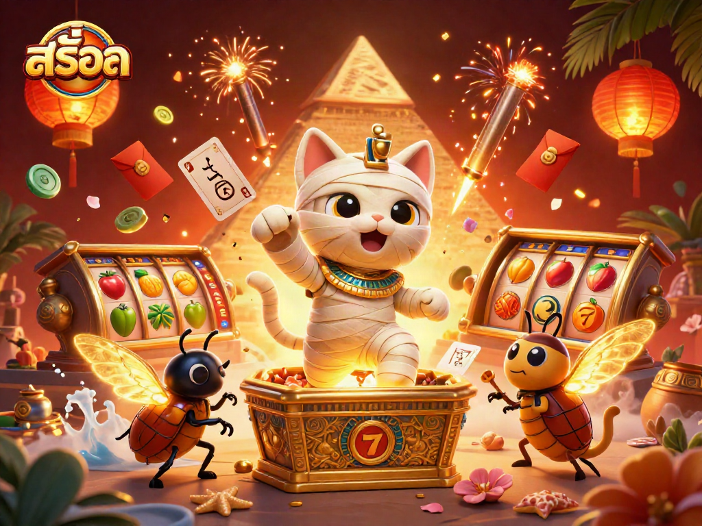 Experience exhilarating สล็อต gameplay with a 3D cartoon Egyptian mummy cat in a vibrant casino scene.