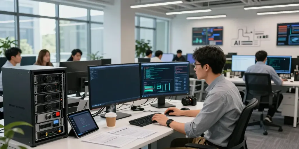 AI inference analysis in a modern tech workspace with multiple screens and computing hardware.