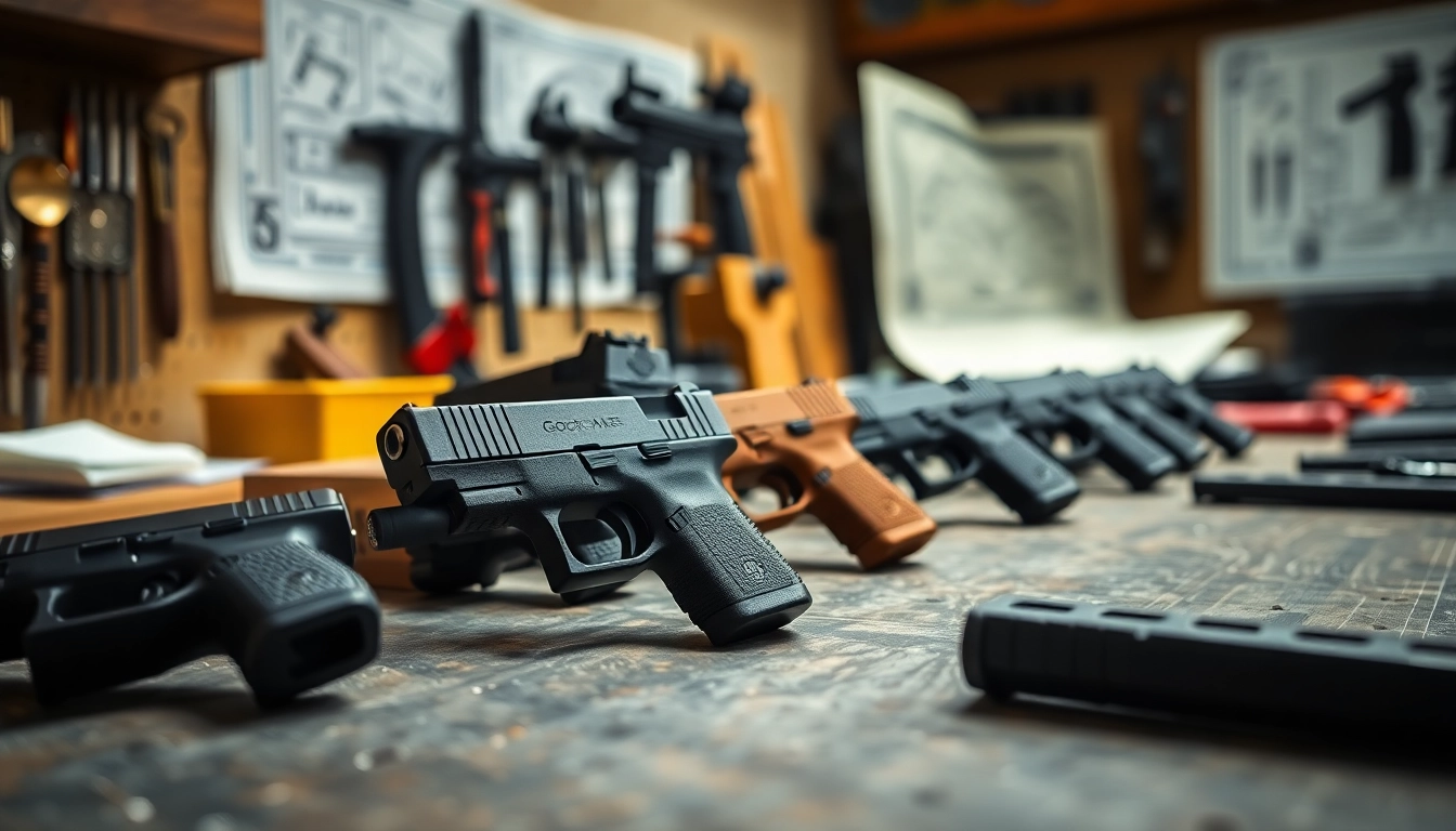 Showcasing glock slides with detailed engravings and polished finishes on a workbench.