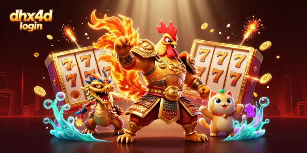 Raih kemenangan dengan fitur menarik pada login DHX4D, menampilkan ilustrasi karakter 3D yang dinamis.