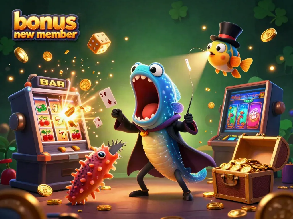 Engage with your bonus new member offer in a vibrant 3D casino scene bursting with excitement.