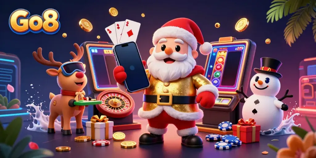 Hit the jackpot at Go8 with Santa and his friends celebrating in a vibrant casino scene.