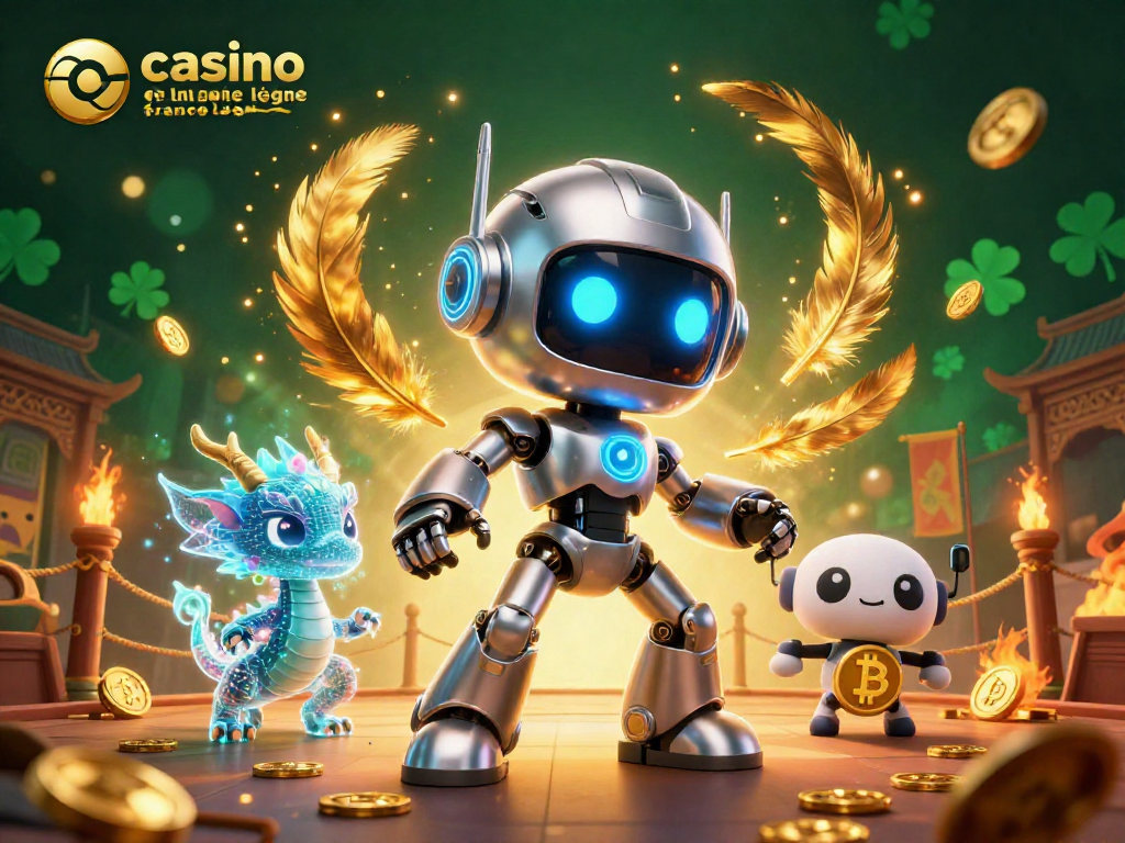 Illustration dynamique d'un casino en ligne France légal avec robot futuriste et dragon holographique.