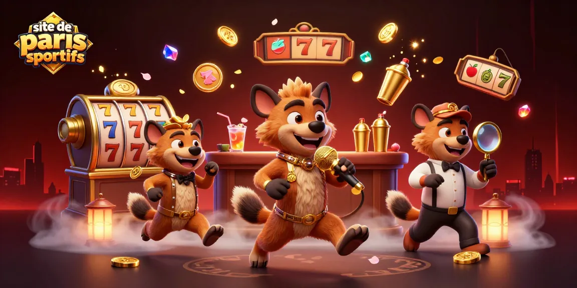 Découvrez le site de paris sportifs avec des hyènes animées dans un casino ludique, entourées de symboles et jeux assortis.