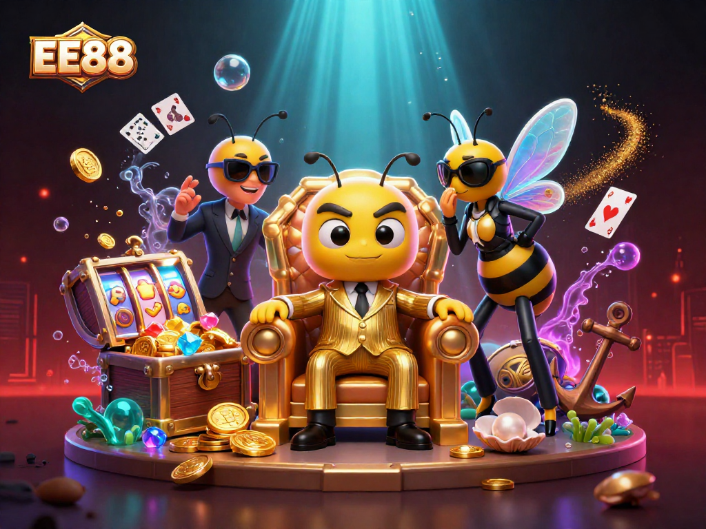 Experience the EE88 buzzing casino thrill with vibrant characters, spinning slot reels, and colorful treasures.