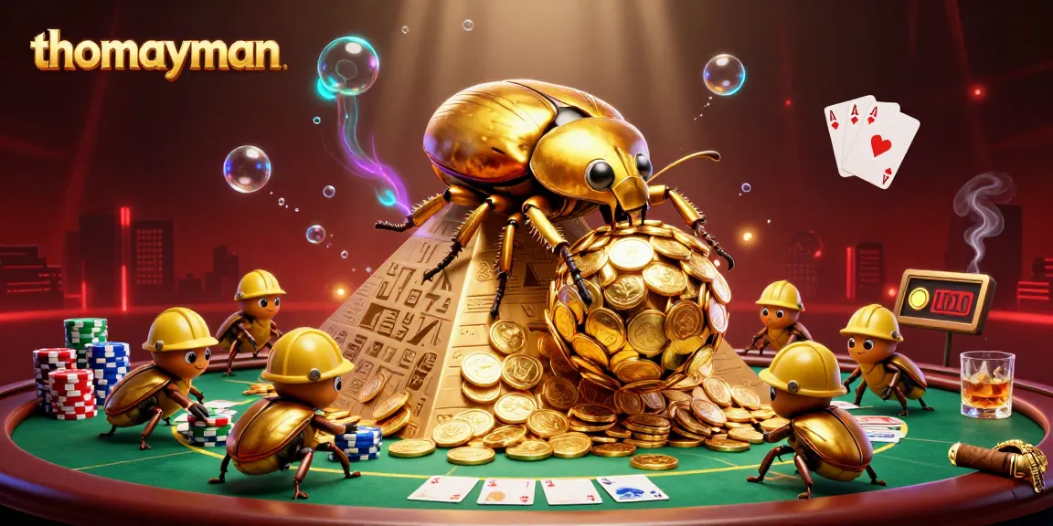 Spin to win at thomayman with vibrant 3D casino action featuring golden beetles and poker chips.