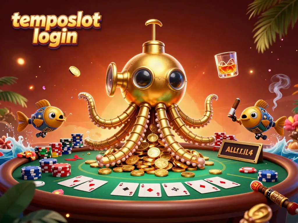 Mengakses temposlot login melalui ilustrasi cerah dengan kraken emas di lautan koin.