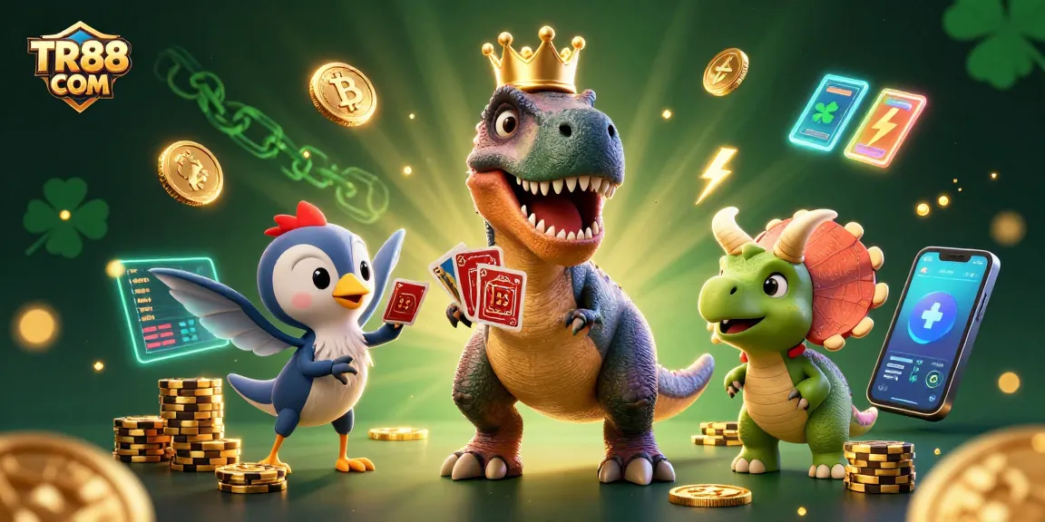 Experience the thrill of TR88 COM with a lively T-Rex shuffling cards and stacking chips.