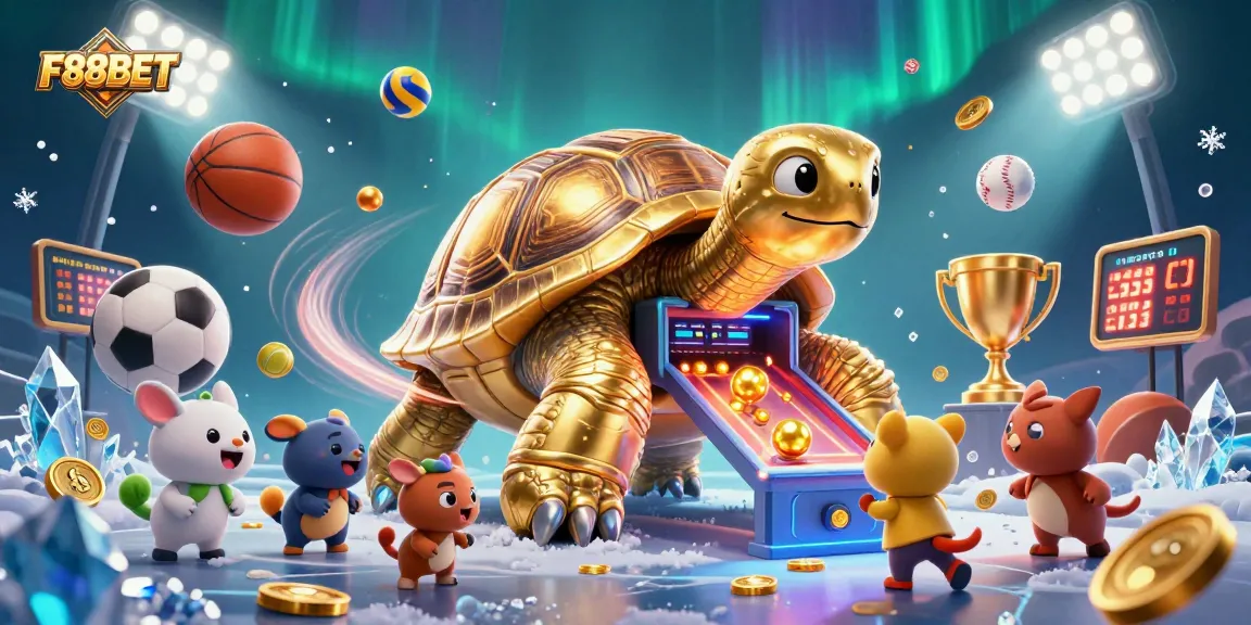 Experience F88BET action with a thrilling 3D illustration of a golden tortoise pinball machine and vibrant sports elements.