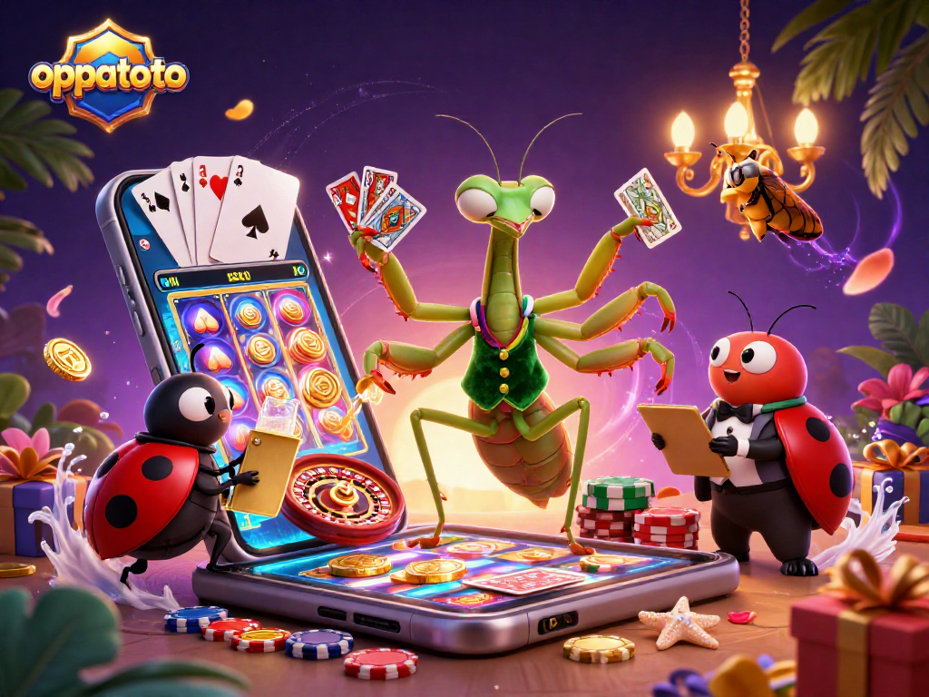 oppatoto showcases an energetic casino scene with a cartoon praying mantis dealing cards and vibrant gaming elements