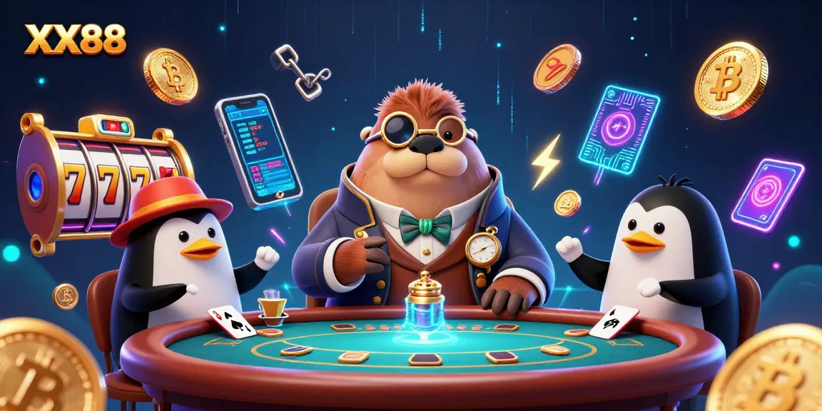 Play exciting slots with XX88 at an underwater casino, featuring a jolly walrus, penguin dealer, and pufferfish player.