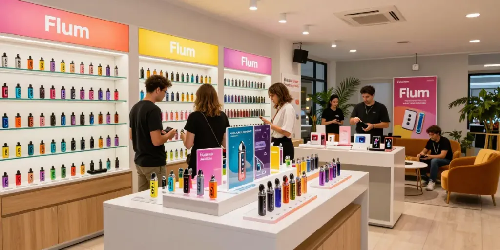 Flum disposable vapes displayed in a colorful and inviting vape shop.