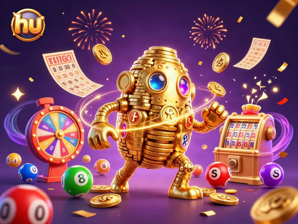 Win big with hu as the golden golem and colorful lottery elements create excitement.