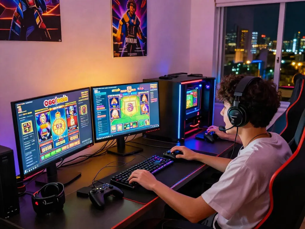 Engaged player exploring slot gacor maxwin in a vibrant gaming setup with colorful monitors and gaming accessories.