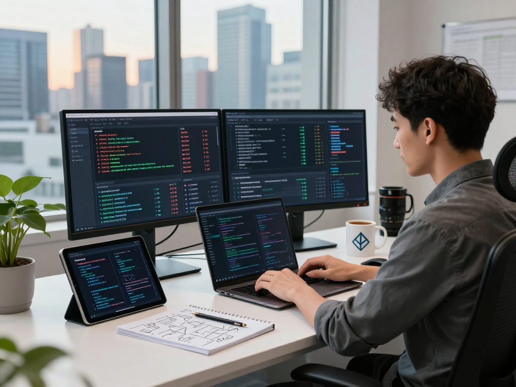 Developer working on USDT0 blockchain solutions in a modern office