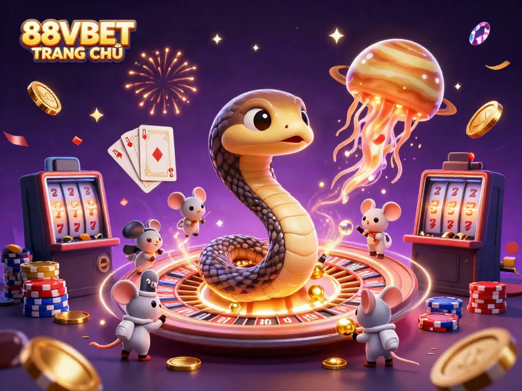 Experience casino excitement with 88VBET TRANG CHỦ as tiny astronaut mice bet on Saturn rings in a vibrant cosmic scene.