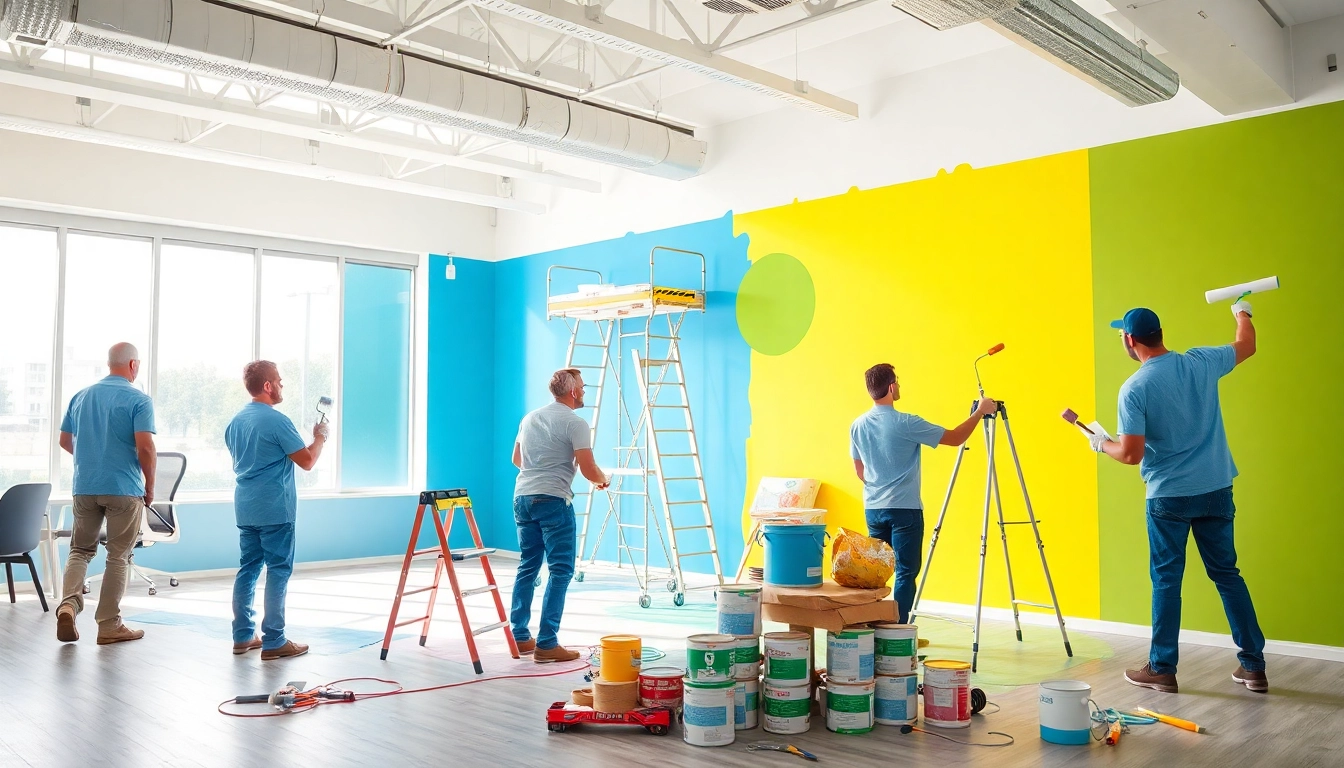 Team performing commercial painting in a bright office, showcasing expert techniques and vibrant colors.