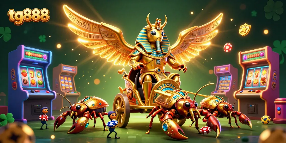 Engage with tg888's vibrant casino adventure featuring a pharaoh scarab and jewel-studded scorpions.