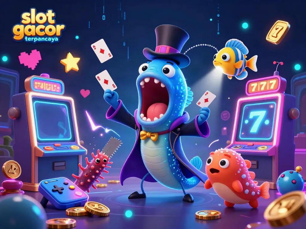 Merayakan kesenangan bermain slot gacor terpercaya dengan ilustrasi 3D yang penuh warna dan detail.